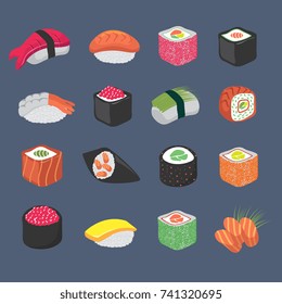 Cartoon sushi rolls japanese cuisine seafood vector set. Sushi food, roll with salmon and seaweed illustration