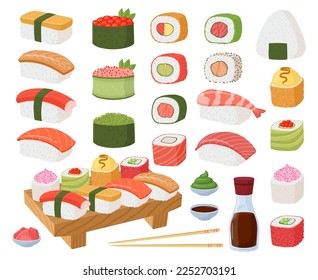 Cartoon sushi and rolls. Japanese seafood dishes, sushi, sashimi rolls and soy sauce, traditional Japanese cuisine flat vector illustration set. Delicious sushi collection