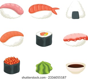Cartoon Sushi, rolls and nigiri, set of Cute characters, Isolated on white background