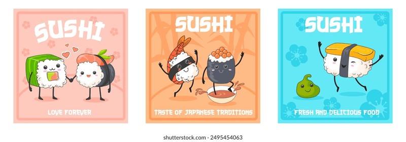 Cartel de rollos de sushi de dibujos animados. Arroz sushi retro lindos personajes, comida japonesa divertida mascota invitación póster mariscos cocina japonesa publicidad menú Plantilla, Ilustración vectorial pulcra autores gráficos