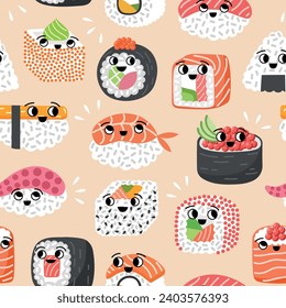 Cartoon sushi rolls repeated background. Traditional japanese cuisine snacks, boiled rice, nori algae and seafood, vector seamless pattern.eps
