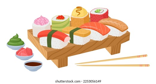 Cartoon sushi set. Japanese seafood dishes, sushi rolls, soy sauce, ginger and wasabi, traditional Japanese cuisine flat vector illustration