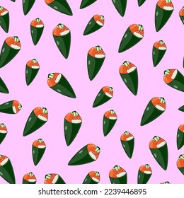 cartoon sushi temaki, japanese food seamless pattern on colorful background