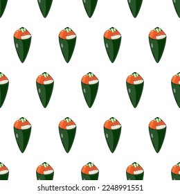 cartoon sushi temaki, japanese food seamless pattern on colorful background