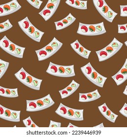 cartoon sushi temari, japanese food seamless pattern on colorful background