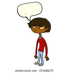 cartoon suspicious boy with speech bubble
