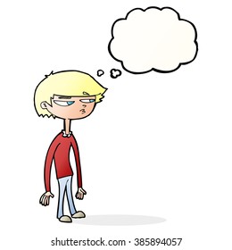 cartoon suspicious boy with thought bubble