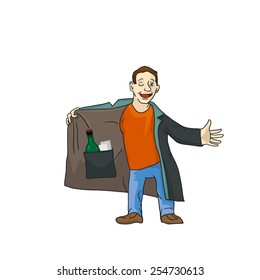 The cartoon suspicious man is selling the forbidden stuff. Young man opens his coat to offer some illegal contraband. Vector illustration