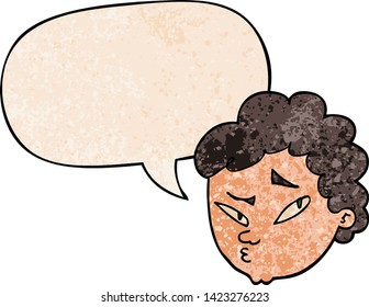 hombre sospechoso de caricatura con burbuja de habla en estilo de textura retro