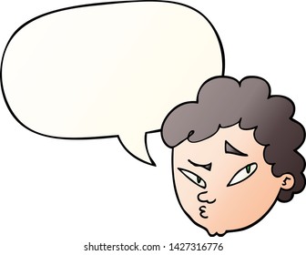hombre sospechoso de dibujos animados con burbuja de habla en un estilo de gradiente suave