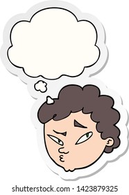 cartoon suspicious man with thought bubble as a printed sticker