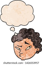 cartoon suspicious man with thought bubble in grunge texture style