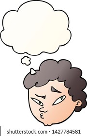 desenho animado homem suspeito com bolha de pensamento em estilo gradiente suave