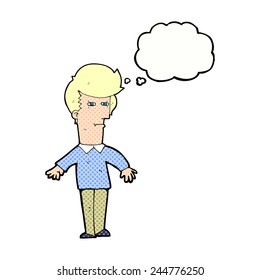 cartoon suspicious man with thought bubble