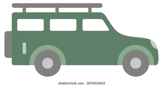 Cartoon SUV car side view. Automobile with an open roof rack. Outside spare wheel. Green toy transport for children. Flat vector illustration without outline.