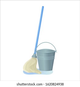 Cartoon swab with bucket stock vector illustration. Mop wipes a puddle. Cleaning services, household concept. Equipment for housework elements isolated on white background.