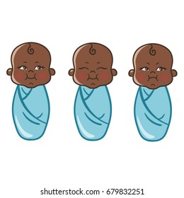 Cartoon swaddled lying baby boys triplet vector. Colorful hand drawn vector African newborn babies.