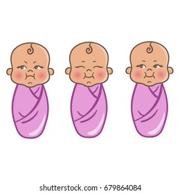 Cartoon swaddled lying baby girls triplet vector. Colorful hand drawn vector Caucasian newborn babies.