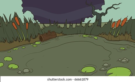 Cartoon Swamp Background. Vector Illustration. One Single Layer.