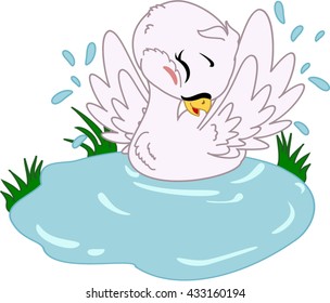 Cartoon swan bathing in the lake.