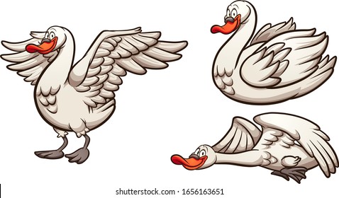 Cartoon swan in different  flying standing and swimming. Vector cartoon clip art illustration with simple gradients. Each on a separate layer.
