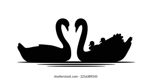 Cartoon Swan Family Swimming In The Pond. Black Silhouette Swan Largest Flying Bird Swim On Water Cartoon Animal Design Flat Vector Illustration Isolated On White Background