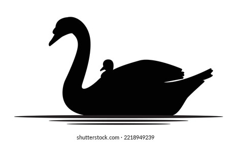 Cartoon Swan Family Swimming In The Pond. Black Silhouette Swan Largest Flying Bird Swim On Water Cartoon Animal Design Flat Vector Illustration Isolated On White Background