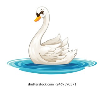 Cartoon swan floating on water. Vector illustration isolated on white background