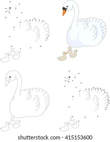 Cartoon swan with her chicks. Coloring book and dot to dot educational game for kids