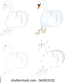Cartoon swan with her chicks. Dot to dot educational game for kids. Vector illustration