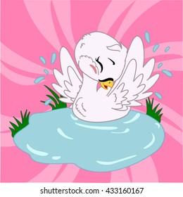 Cartoon swan in the lake with background.