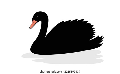 Cartoon swan swimming in the pond. Black silhouette swan largest flying bird swim on water cartoon animal design flat vector illustration isolated on white background