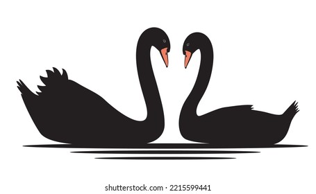 Cartoon swan swimming in the pond. Black silhouette swan largest flying bird swim on water cartoon animal design flat vector illustration isolated on white background