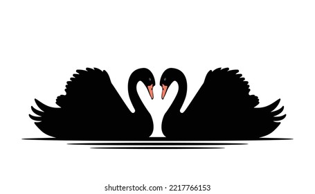 Cartoon swan swimming in the pond. Black silhouette swan largest flying bird swim on water cartoon animal design flat vector illustration isolated on white background