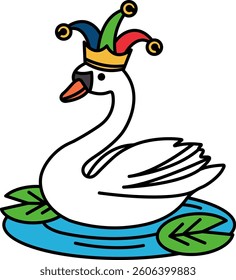 A cartoon swan wearing a crown is sitting on a pond. The swan is wearing a crown and he is in a playful mood