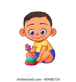 Cartoon swarthy little baby boy play with pyramid toy. Colorful vector illustration  isolated on white background.