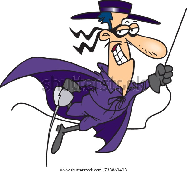 cartoon\
swashbuckler with a sword, cape and\
mask