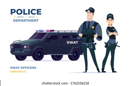 Cartoon Swat Officers Man And Woman Team In Armor. Safety Officers With Swat Car. Guardians Of Law And Order.