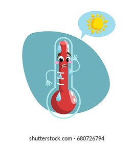 Cartoon sweating thermometer mascot. Weather funny symbol. Heat climate speaking character. Speech bubble with sun. Vector illustration icon.
