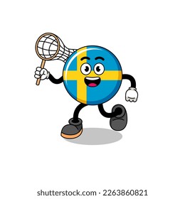 Cartoon of sweden flag catching a butterfly , character design