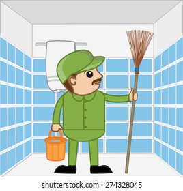 Cartoon Sweeper Character in Bathroom