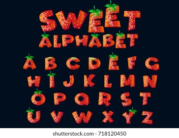 Cartoon sweet alphabet set. Creative comic font. Letters, numbers for kids' illustrations. Font made of sweet strawberry. Typography vector illustration.