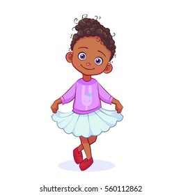 Cartoon sweet black girl in a lilac sweater with bunny standing in a pose of reverence. Cutout kids vector illustration.