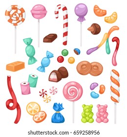 Cartoon sweet bonbon sweetmeats candy kids food sweets mega collection isolated on white background