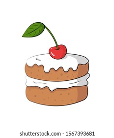 Cartoon sweet cake with a cherry on top. Hand drawn dessert isolated on white. 