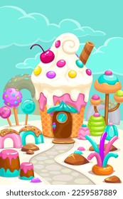 Cartoon sweet candy land illustration, vector fantasy landscape with cute cake house.