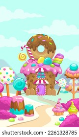 Dibujo de dulce caricatura de la tierra de caramelos, paisaje de fantasía vectorial con linda casa de donut.