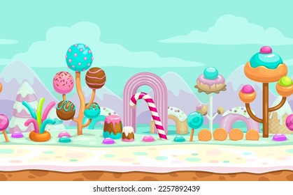 Cartoon sweet candy land seamless illustration, vector fantasy landscape with separated layers for parallax effect. Candyland scene for game design