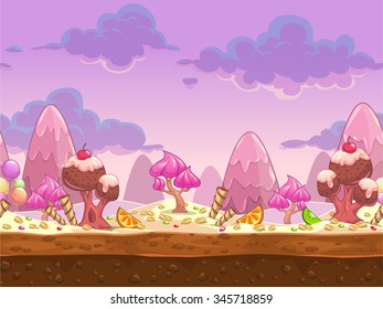 Cartoon süße Süßigkeiten Land nahtlose Illustration, Vektorfantasy-Landschaft mit getrennten Schichten für Parallaxseffekt