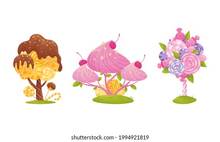 Cartoon Sweet Candy Trees As Fantasy Nature Vector Set